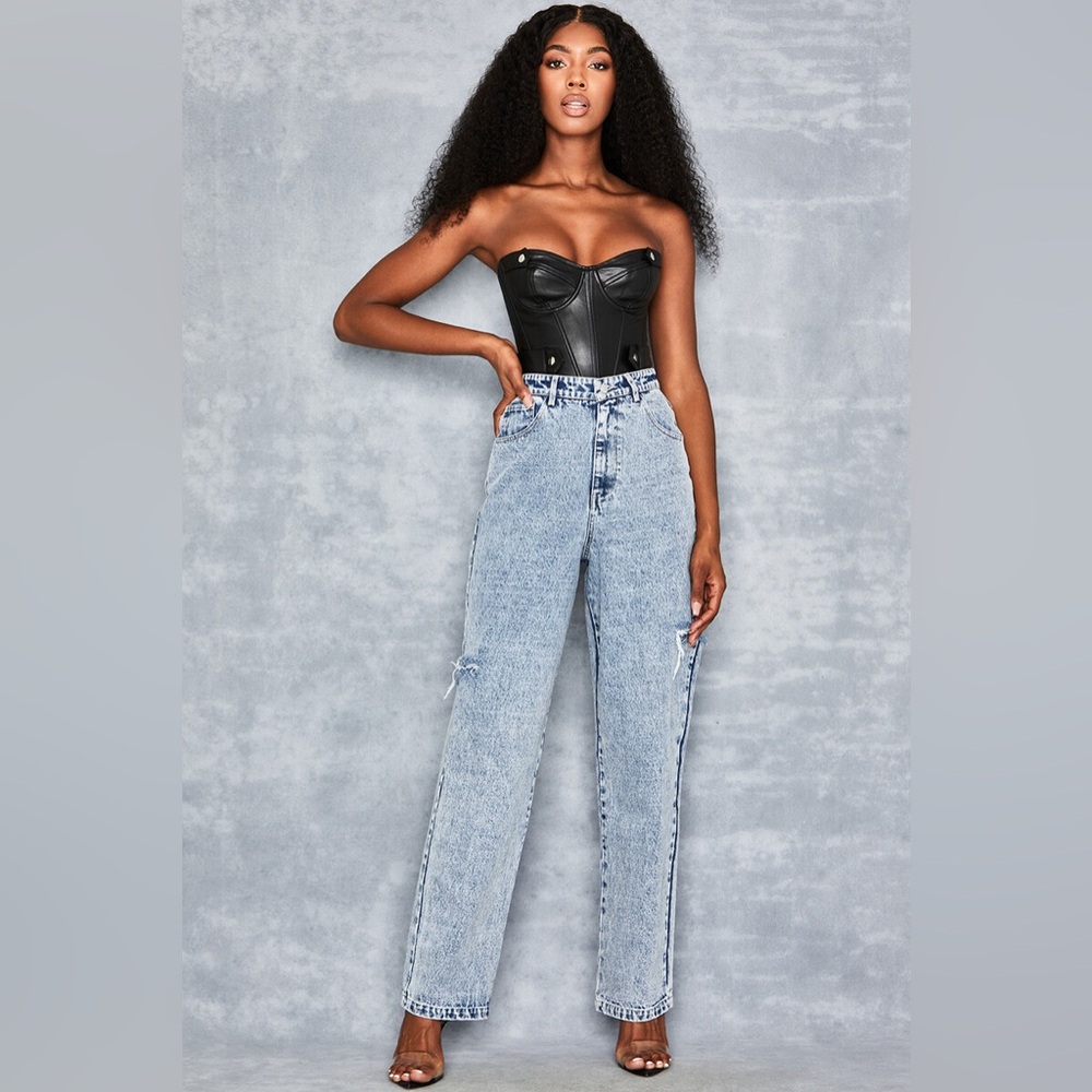 Mistress Rocks XS High Rise Wide Leg Distressed Jeans Washed Blue Y2K Grunge